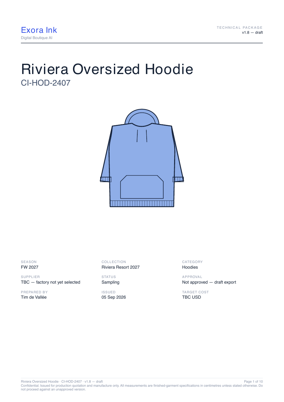 Cover page of the generated factory PDF for the Riviera Oversized Hoodie